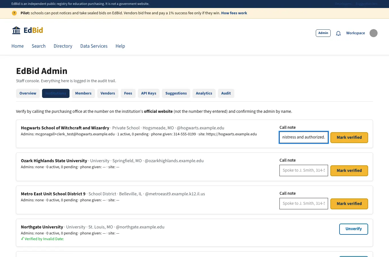 EdBid staff verify the school: screenshot