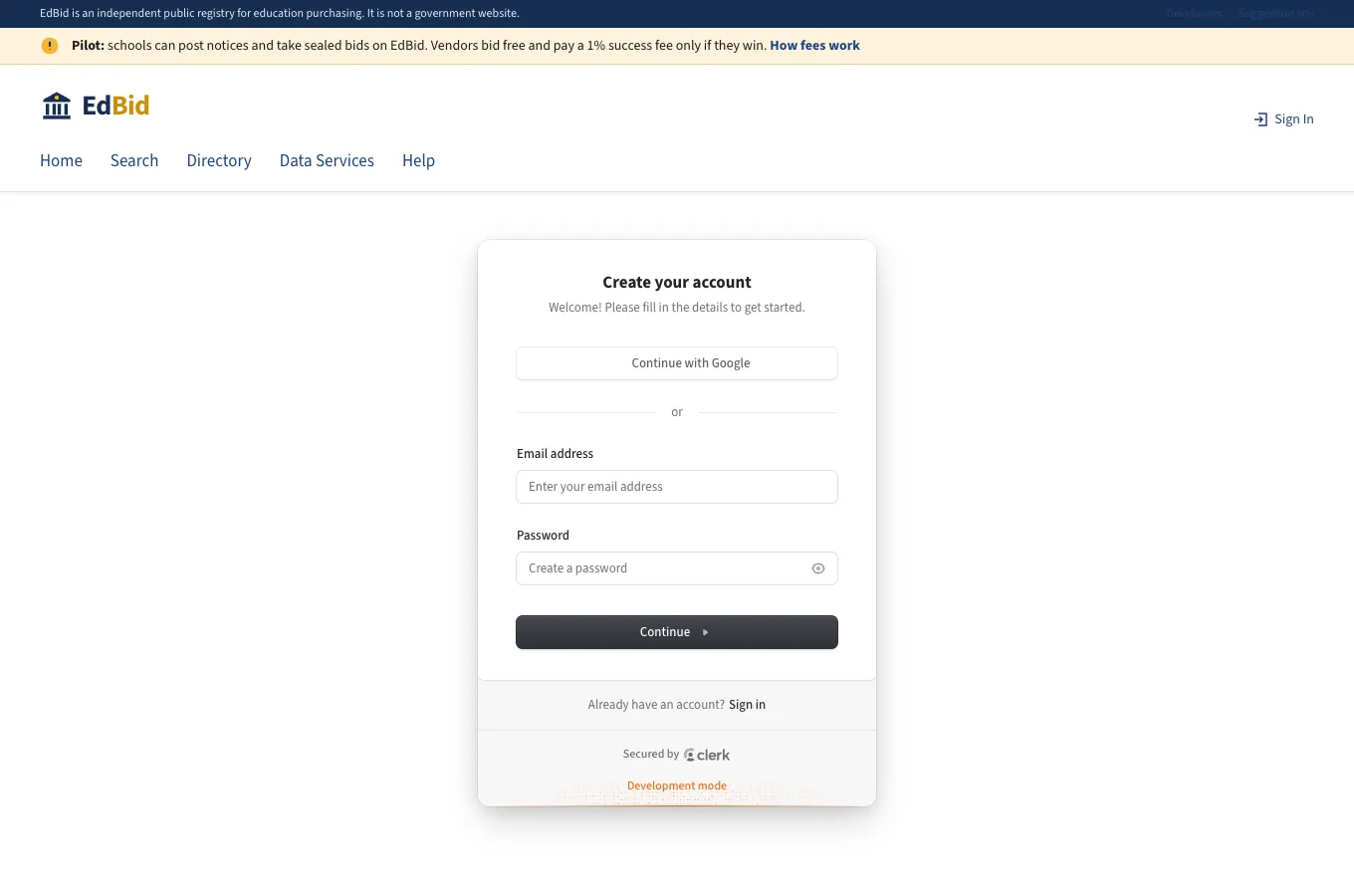 Vendor sign-up: screenshot