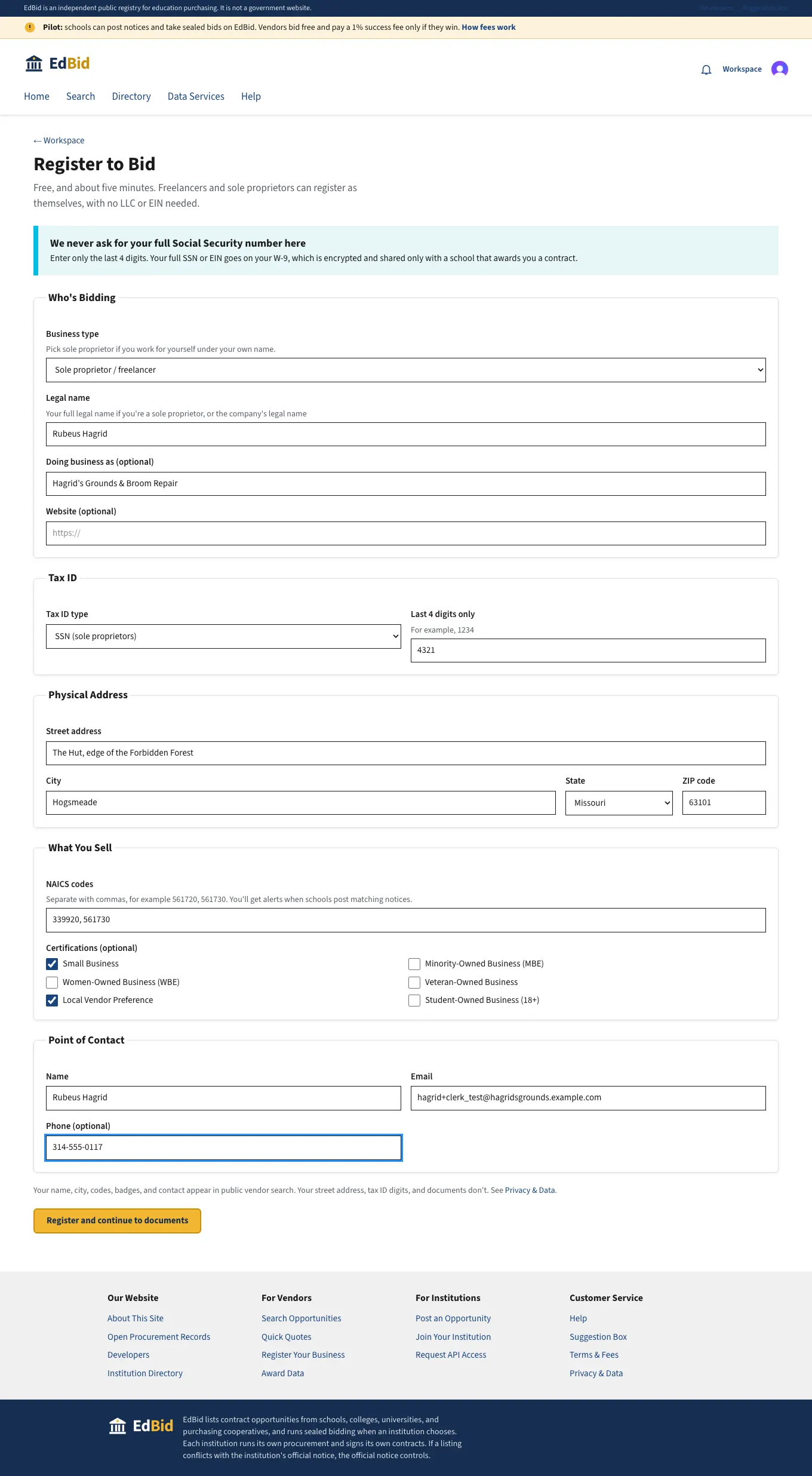 Hagrid registers as a freelancer: screenshot