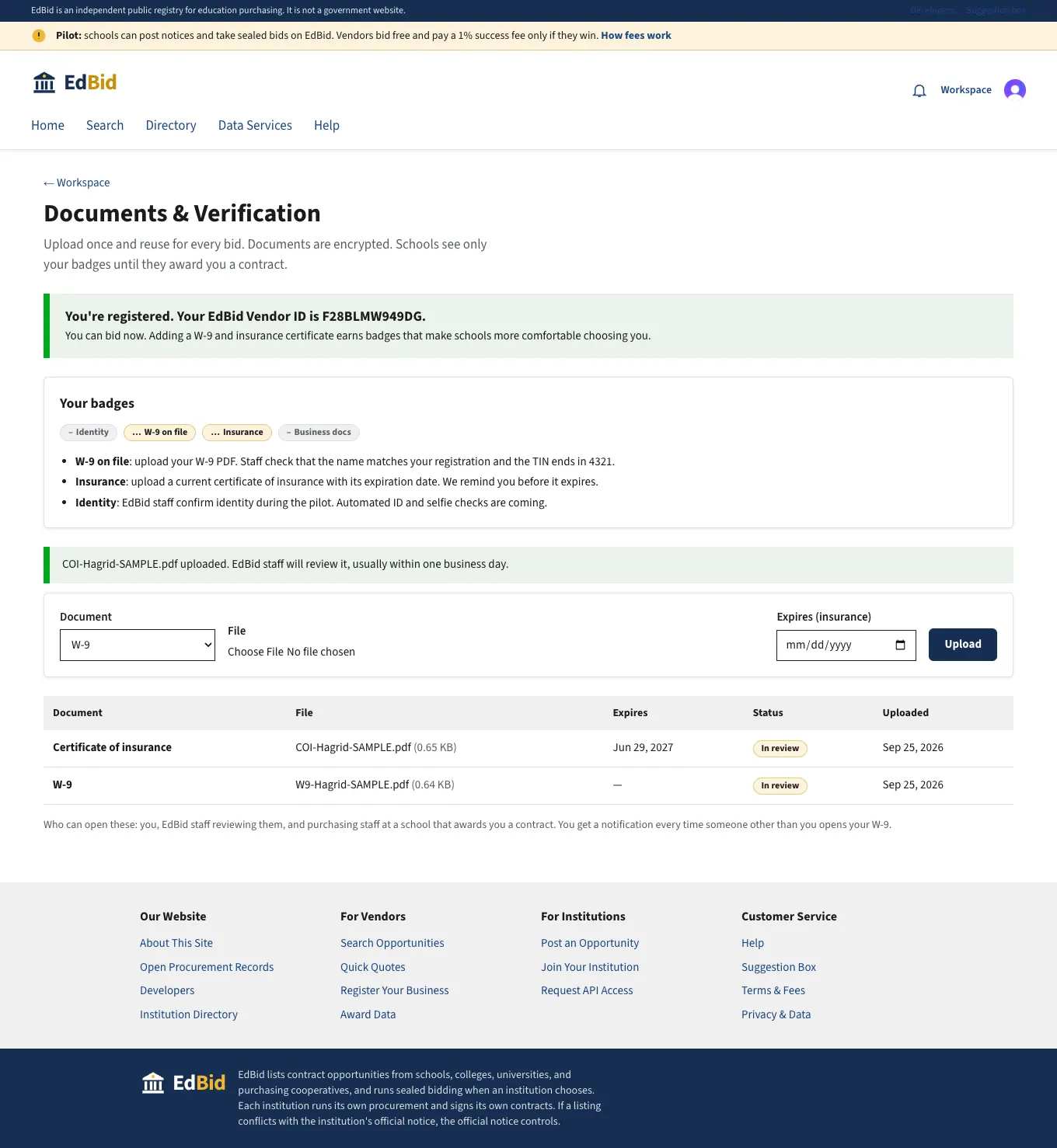 W-9 and insurance uploaded: screenshot