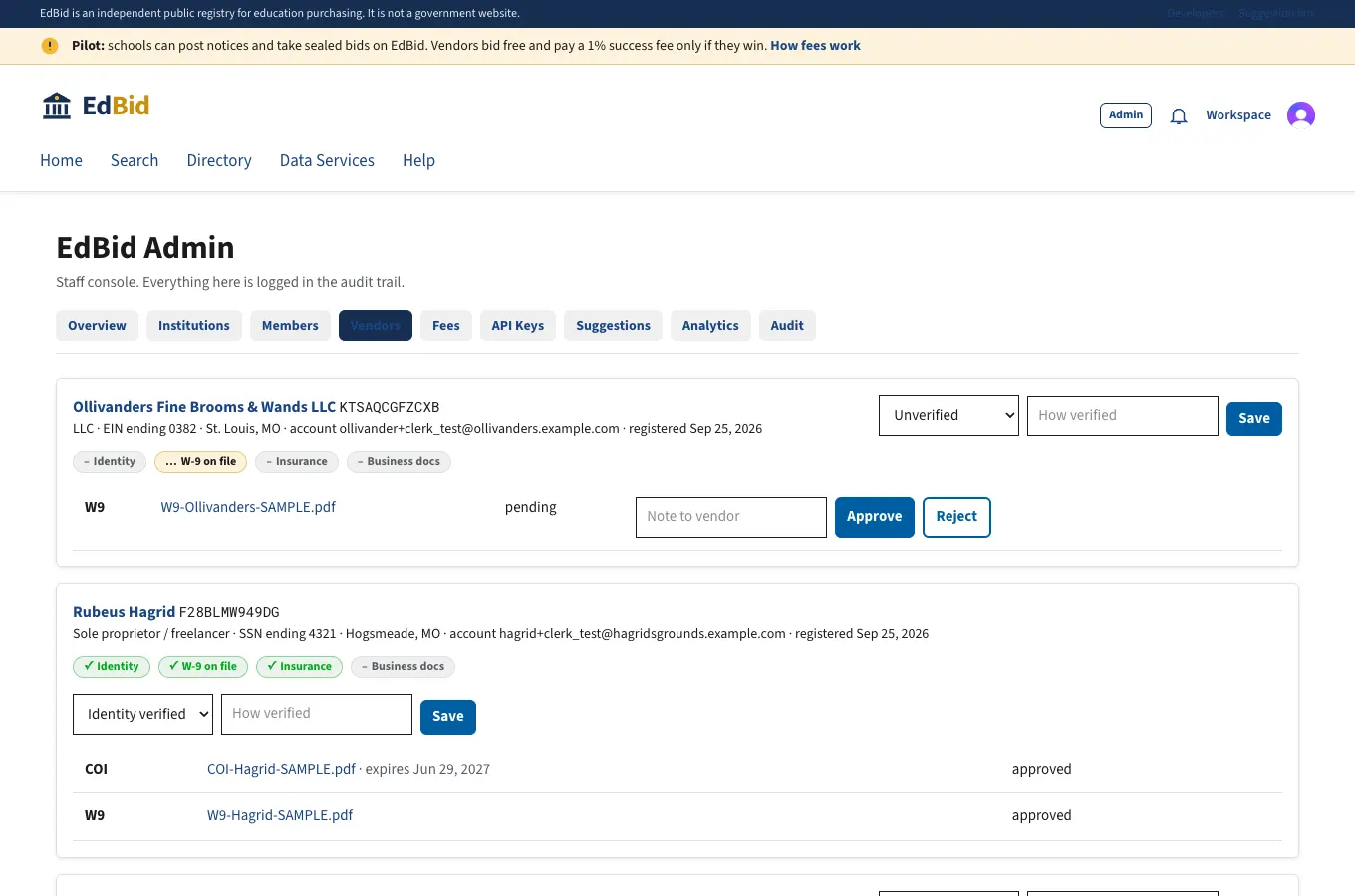 EdBid staff review vendor documents: screenshot