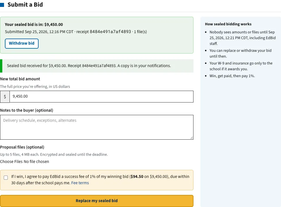 Bid receipt: screenshot