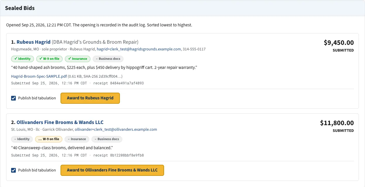 Bids open at the deadline: screenshot