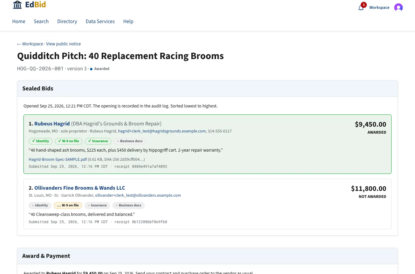 Award, and the winner's documents unlock: screenshot