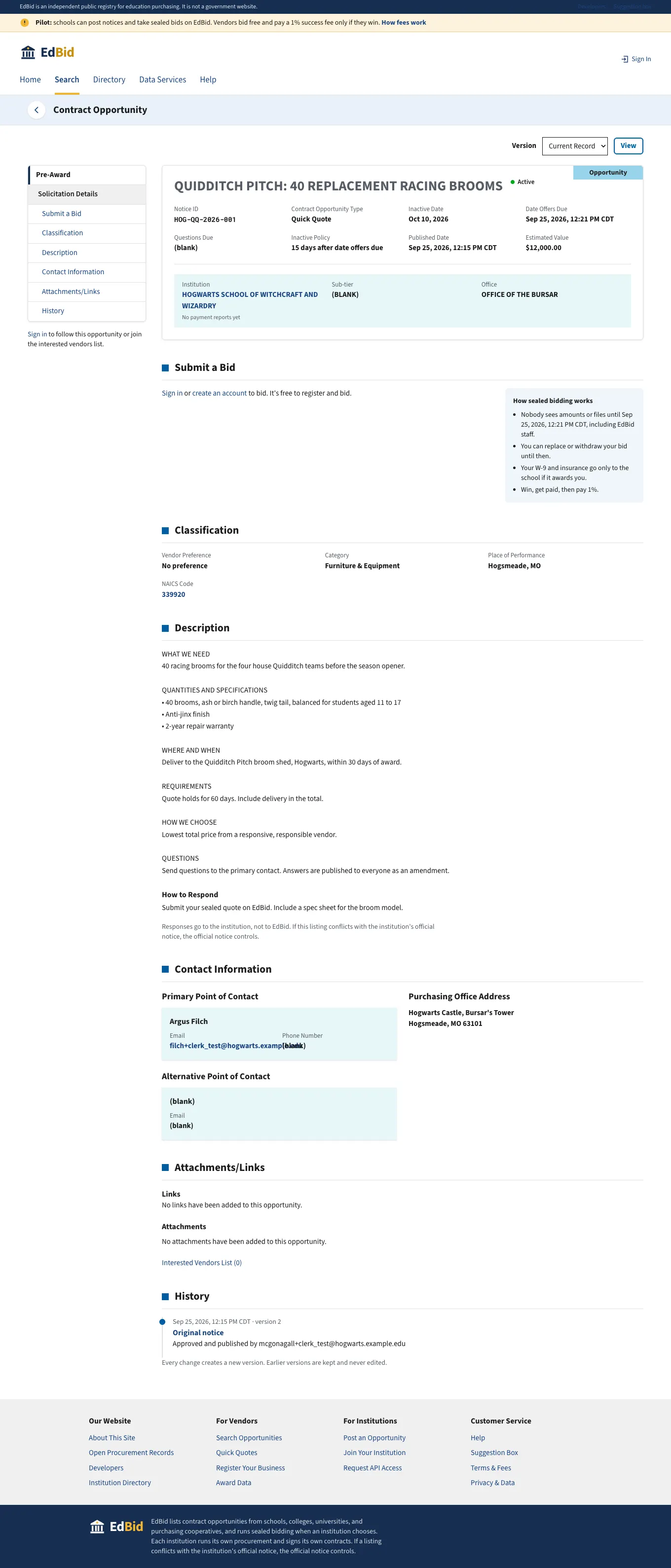 Public award and bid tabulation: screenshot