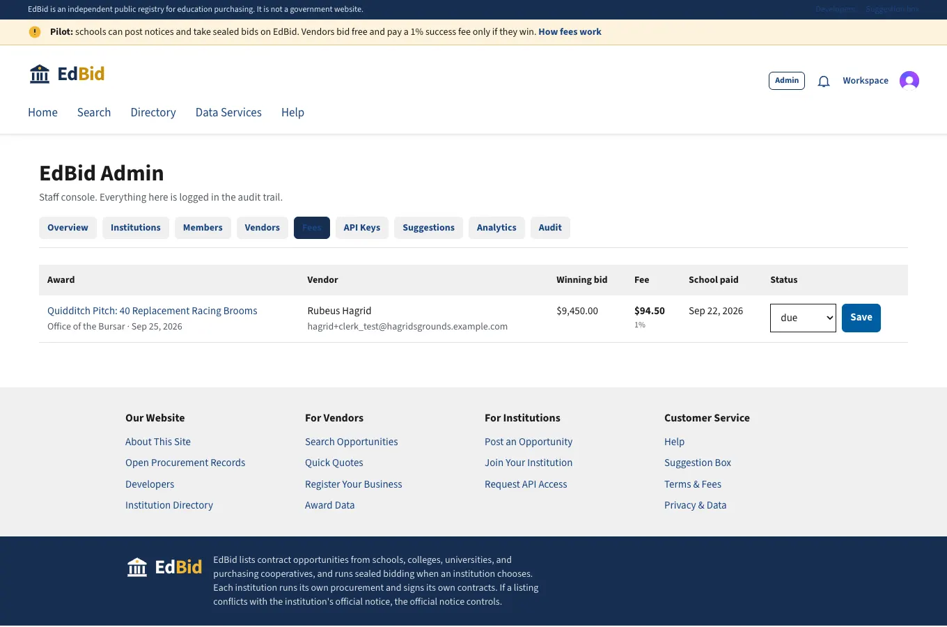 Fee ledger: screenshot