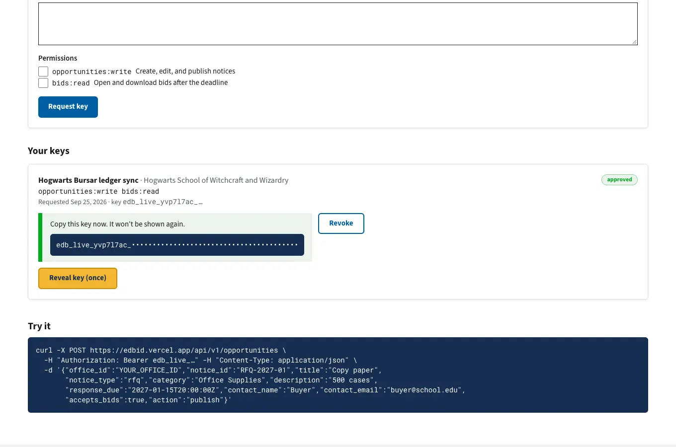 API key approved and revealed once: screenshot
